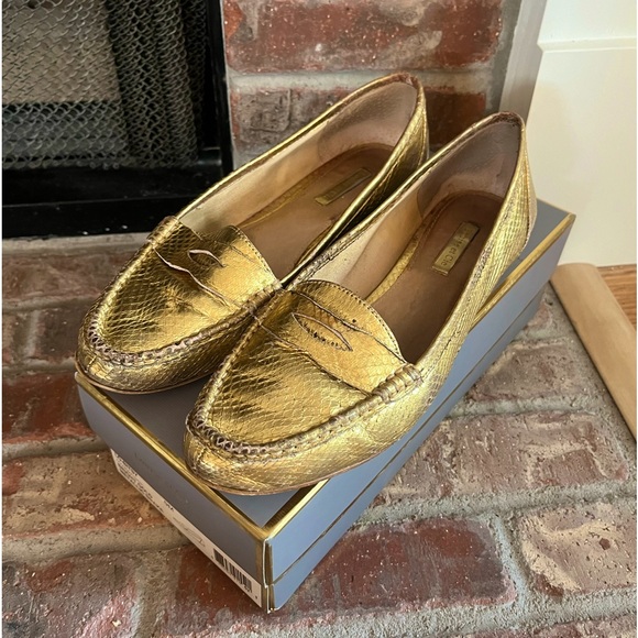 💗Louise Et Cie Gold Metallic Snake Embossed Leather Penny Loafers - size 9. - Picture 3 of 14